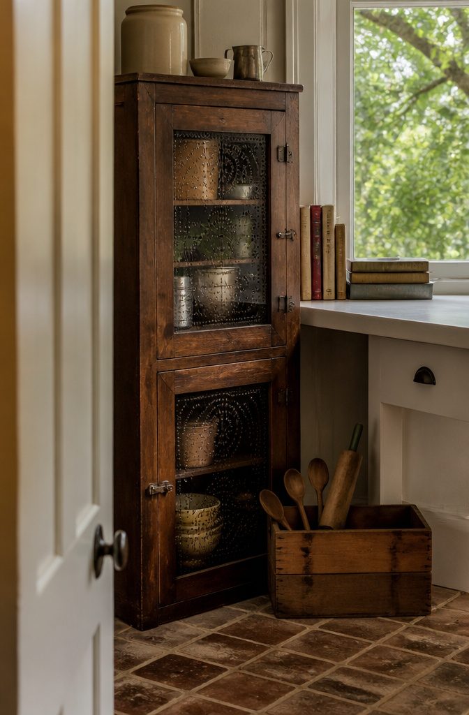 Worn wooden pie safe with punched-tin doors and vintage tins inside