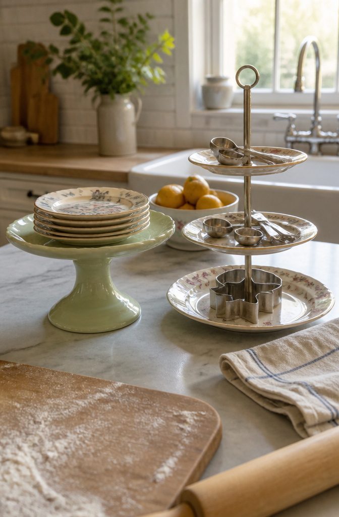 Vintage cake stand with patterned plates beside a tiered tray of baking tools