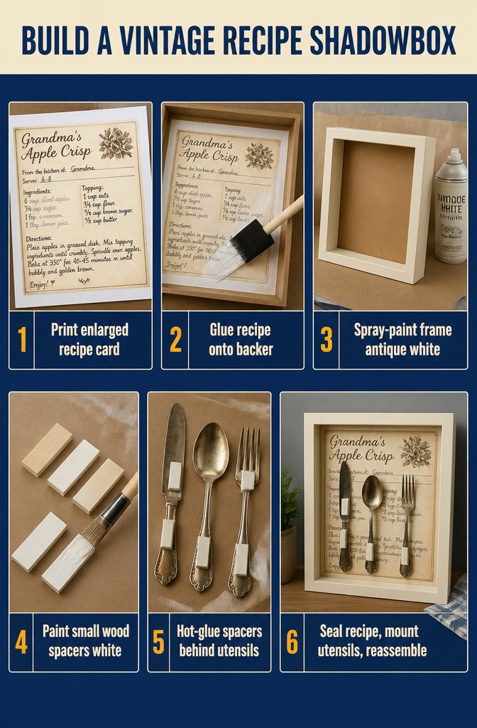 Vintage baking utensils mounted over an enlarged recipe card in a shadowbox