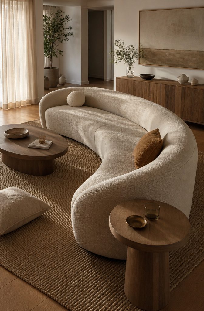 How to Furnish a Long Narrow Living Room: 10 Ideas 7 Curved sectional sofa in a long narrow living room