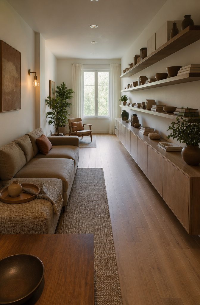 How to Furnish a Long Narrow Living Room: 10 Ideas 14 Living room with floating shelves sofa and storage ottoman
