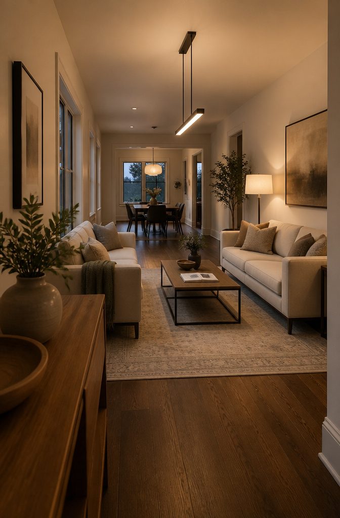 How to Furnish a Long Narrow Living Room: 10 Ideas 10 Opposing sofas and coffee table beneath a linear pendant light