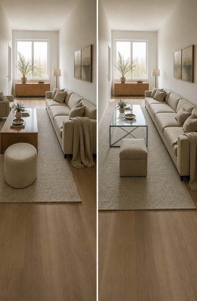 How to Furnish a Long Narrow Living Room: 10 Ideas 4 Low-profile sofa with clear views across a narrow living room