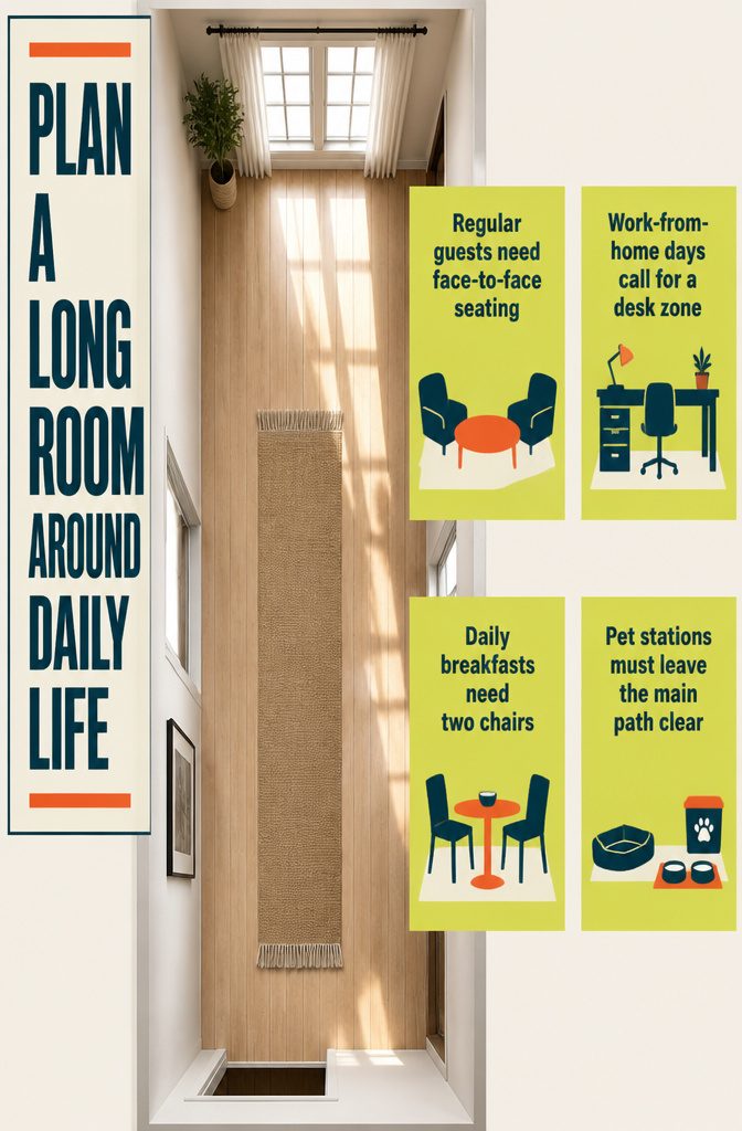 How to Furnish a Long Narrow Living Room: 10 Ideas 12 Long room arranged with desk and small table with two chairs