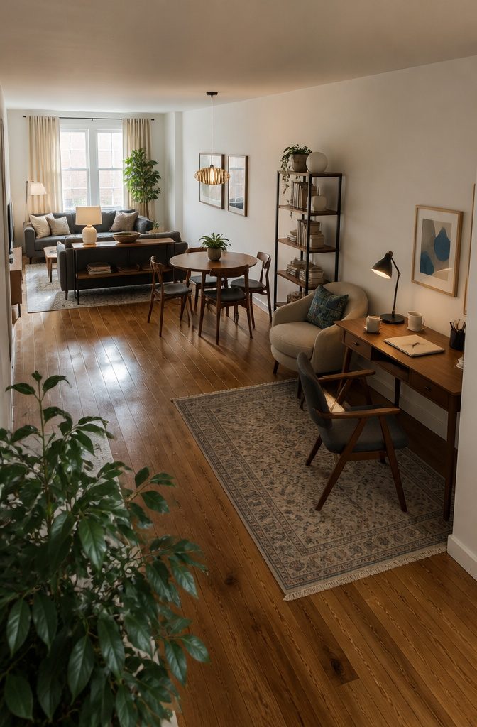 How to Furnish a Long Narrow Living Room: 10 Ideas 3 Living room with sofa seating and separate reading and desk areas