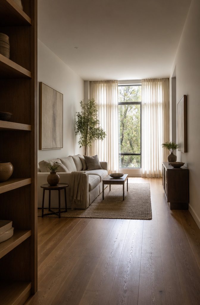 How to Furnish a Long Narrow Living Room: 10 Ideas 9 Light sheer drapes covering a tall living room window