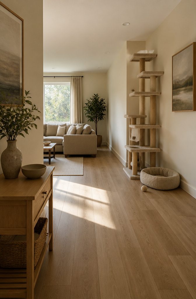 How to Furnish a Long Narrow Living Room: 10 Ideas 15 Cat tree beside sofa in a long narrow living room