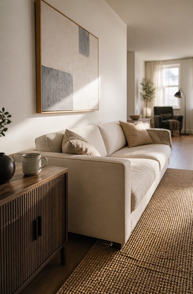 How to Furnish a Long Narrow Living Room: 10 Ideas 11 Framed canvas hanging above a sofa in a narrow living room