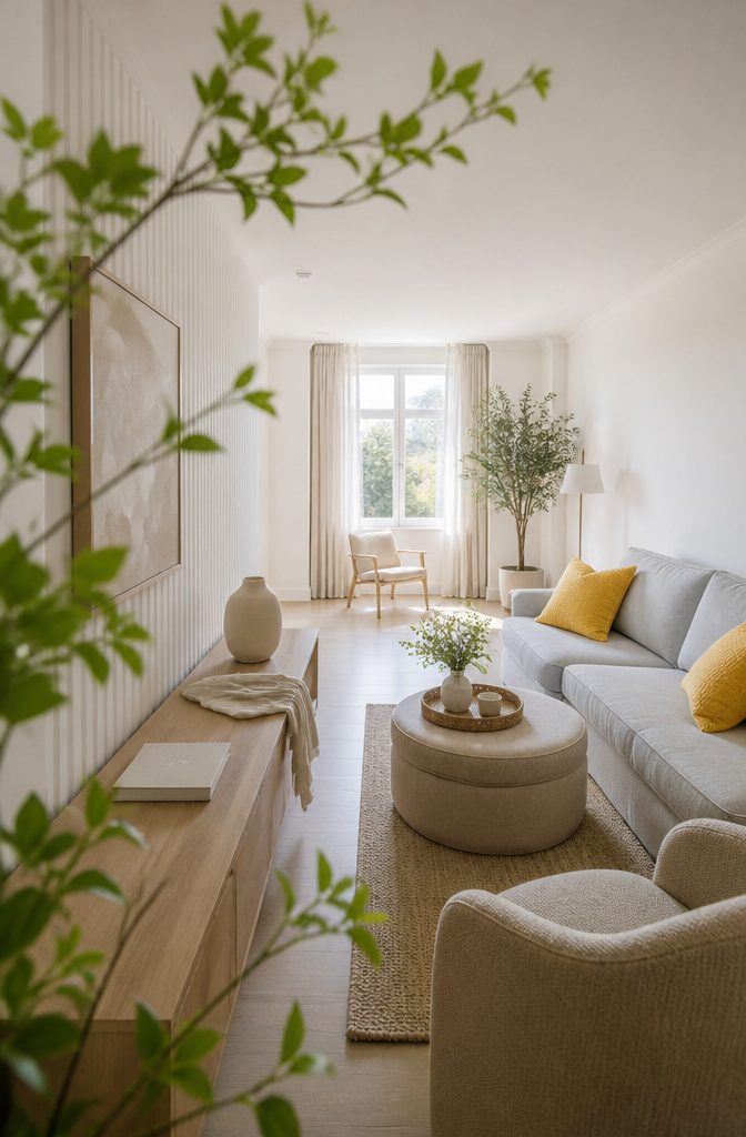How to Furnish a Long Narrow Living Room: 10 Ideas 6 Neutral living room with striped wall and yellow throw pillows