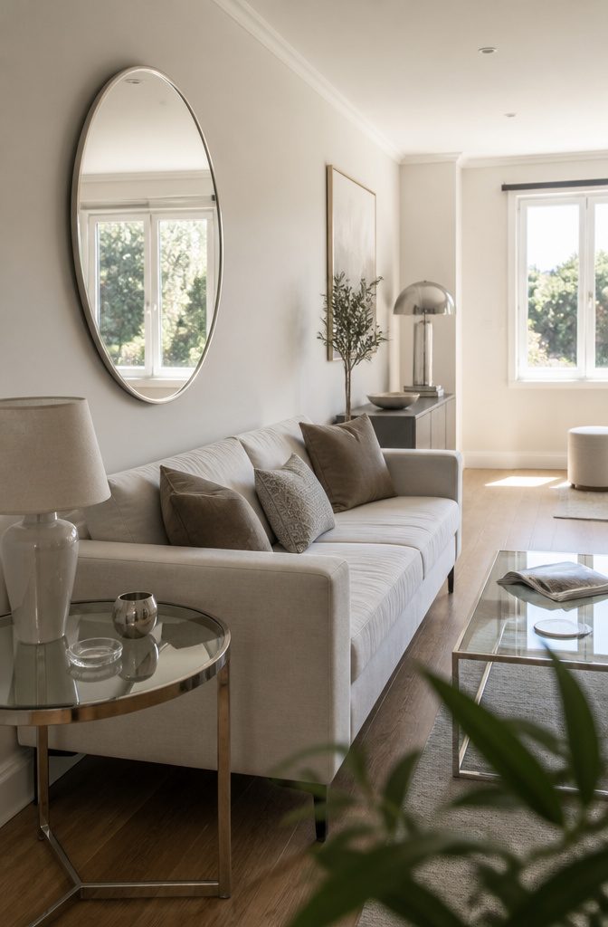 How to Furnish a Long Narrow Living Room: 10 Ideas 8 Round mirror above sofa reflecting a window in a narrow living room