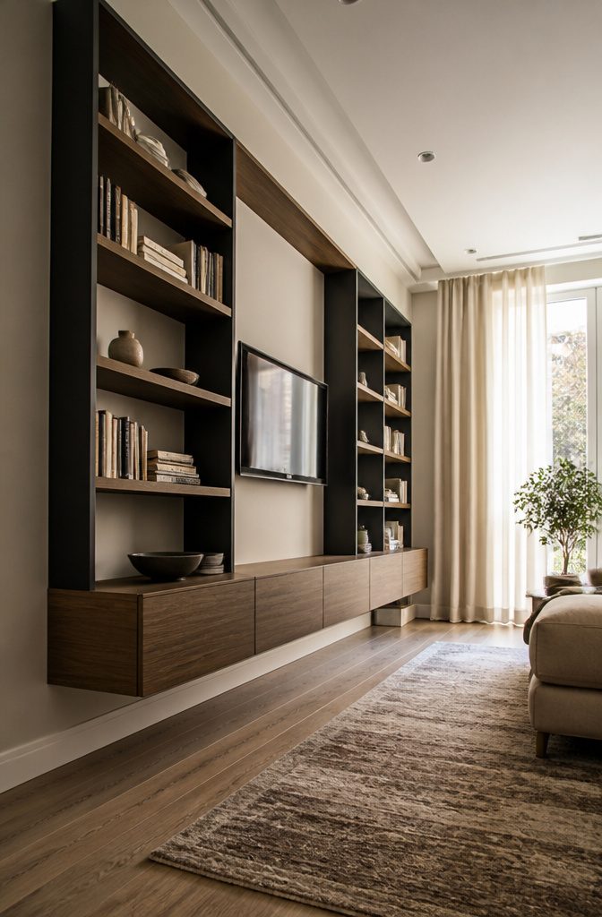 How to Furnish a Long Narrow Living Room: 10 Ideas 5 Tall wall-mounted shelves holding books above living room furniture