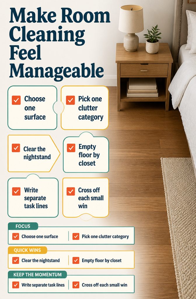 How to Get Motivated to Clean Your Room (15 Methods) 2 Room-cleaning information graphic titled Make Room Cleaning Feel Manageable