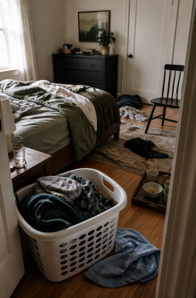 How to Get Motivated to Clean Your Room (15 Methods) 7 Bedroom with laundry basket, loose shirt, collected dishes and partly straightened bed