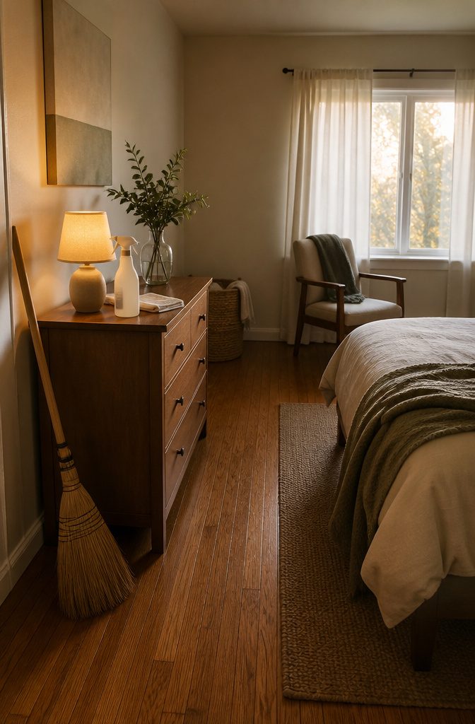 How to Get Motivated to Clean Your Room (15 Methods) 13 Bedroom with broom, spray bottle, folded cloth and leafy stems in a vase