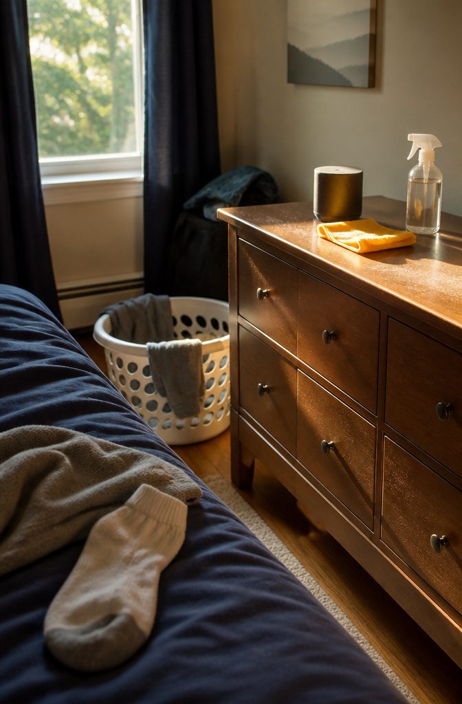 How to Get Motivated to Clean Your Room (15 Methods) 10 Speaker, dust cloth, surface spray and laundry basket in a bedroom