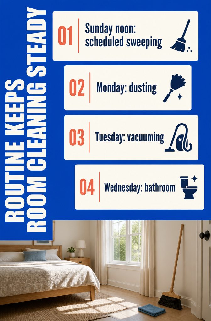 How to Get Motivated to Clean Your Room (15 Methods) 4 Room-cleaning information graphic titled Routine Keeps Room Cleaning Steady