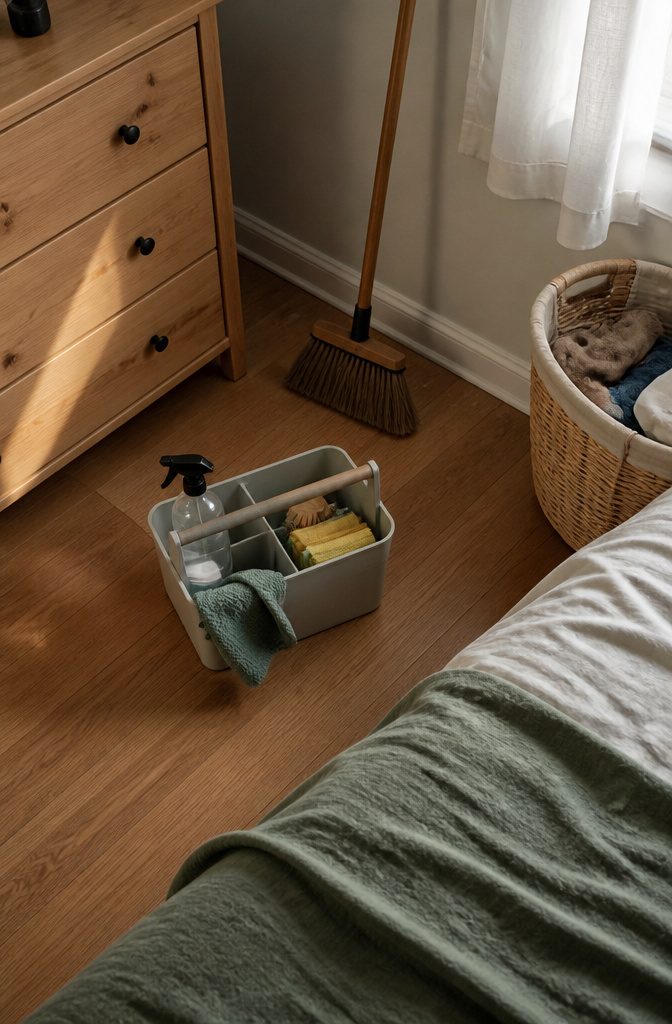 How to Get Motivated to Clean Your Room (15 Methods) 5 Bedroom with cleaning supplies stored nearby for easy access