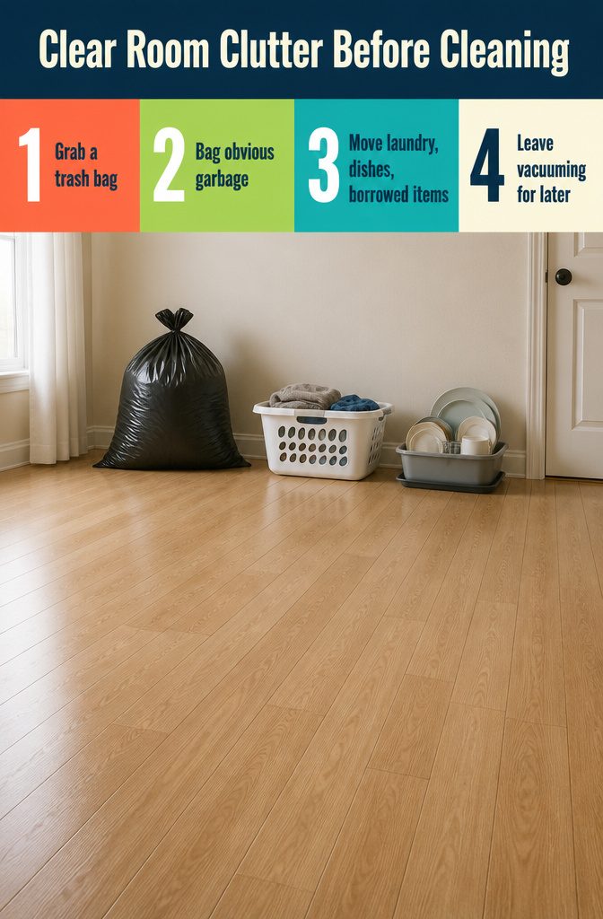 How to Get Motivated to Clean Your Room (15 Methods) 14 Room-cleaning information graphic titled Clear Room Clutter Before Cleaning