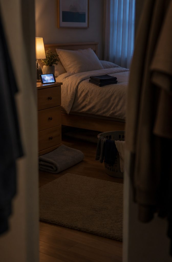 How to Get Motivated to Clean Your Room (15 Methods) 9 Person cleaning a bedroom alongside a video playing on a screen