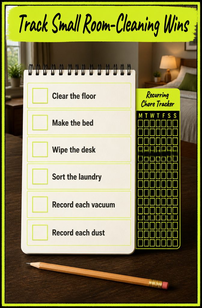 How to Get Motivated to Clean Your Room (15 Methods) 6 Room-cleaning information graphic titled Track Small Room-Cleaning Wins