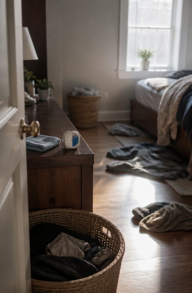 How to Get Motivated to Clean Your Room (15 Methods) 3 Analog timer and folded cleaning cloth on a dresser beside laundry and a basket