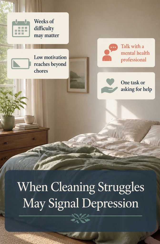 How to Get Motivated to Clean Your Room (15 Methods) 18 Information graphic titled When Cleaning Struggles May Signal Depression