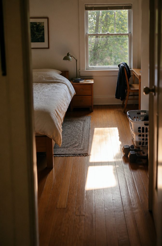 How to Get Motivated to Clean Your Room (15 Methods) 17 Bedroom with made bed, clear walking path, book on nightstand and laundry basket