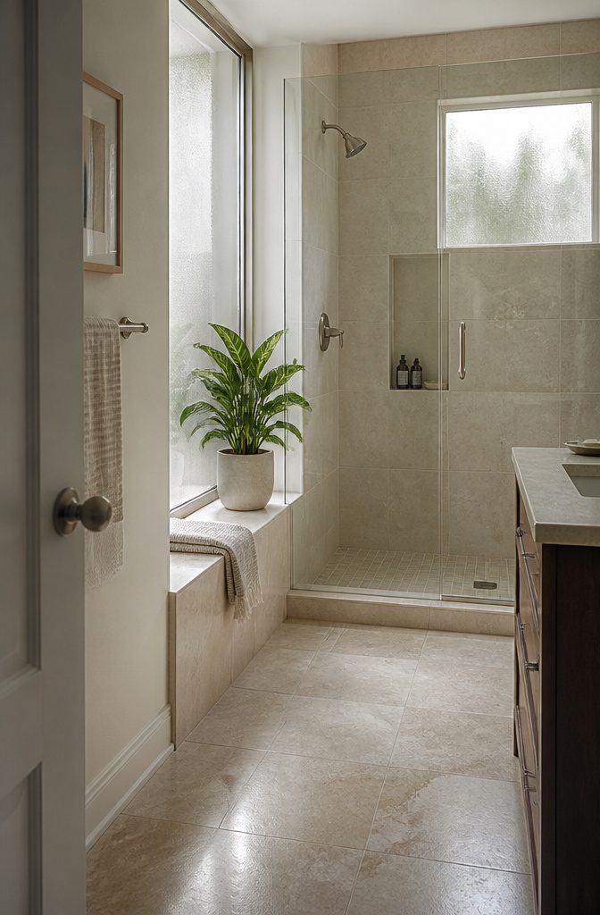 How to Hang a Plant in the Shower: 5 Steps 2 Green bathroom plant beside a shower in dim natural light