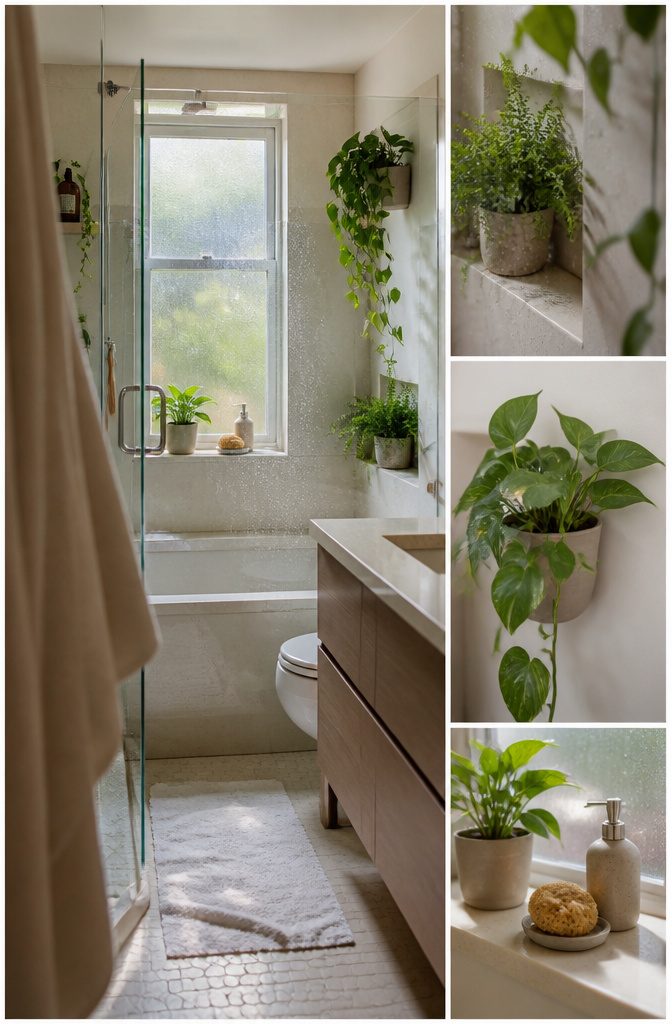 How to Hang a Plant in the Shower: 5 Steps 7 Potted bathroom plants arranged on a shelf near a shower