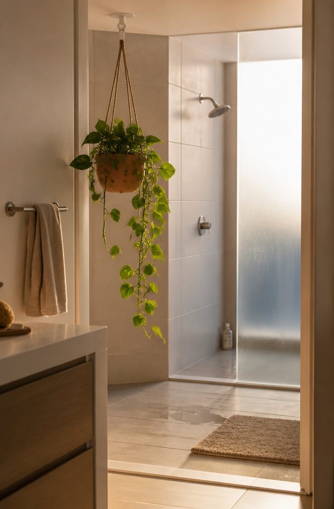 How to Hang a Plant in the Shower: 5 Steps 3 Pothos vines spilling from a hanging planter in a bathroom
