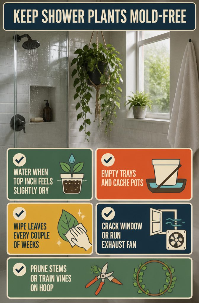 How to Hang a Plant in the Shower: 5 Steps 8 Shower plant care infographic titled Keep Shower Plants Mold-Free