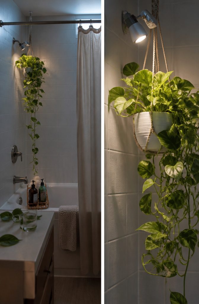 How to Hang a Plant in the Shower: 5 Steps 6 Trailing plant vines hanging against a tiled bathroom wall