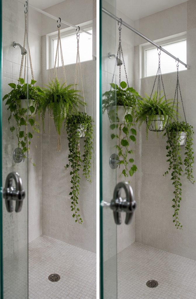 How to Hang a Plant in the Shower: 5 Steps 9 Pothos ivy and Boston fern hanging in a shower