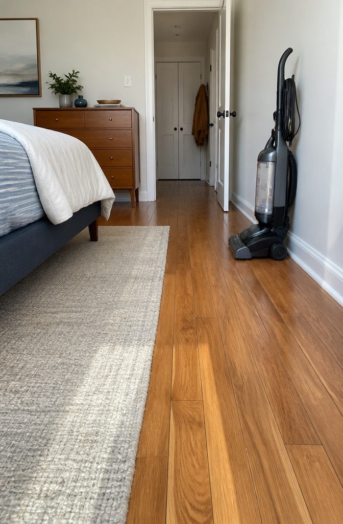 Bedroom floor with wood flooring, rug, vacuum, bed, and dresser