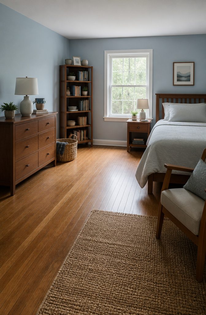 Bedroom with clear floors and furniture tops free of loose belongings