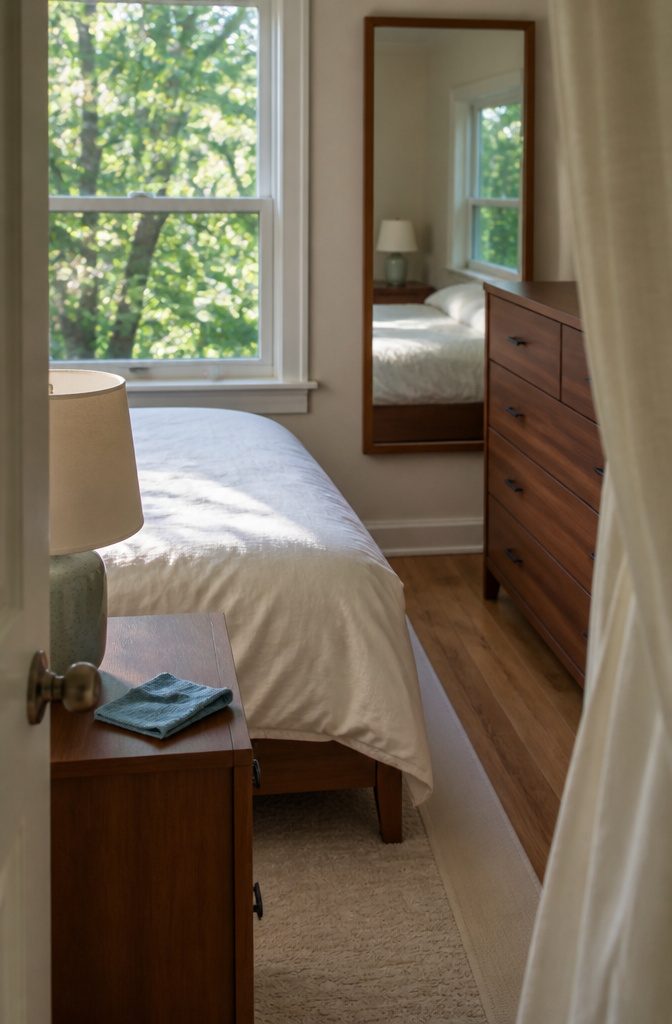 Microfiber cloth beside a bedroom nightstand and dresser