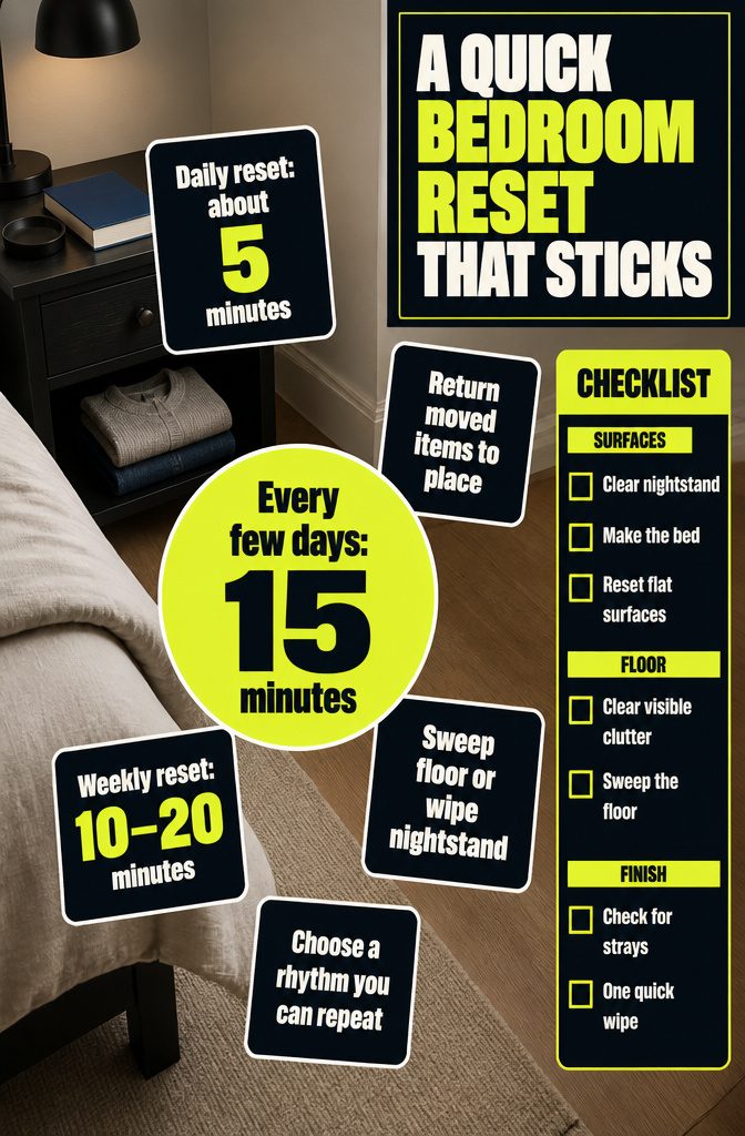 Bedroom reset guide titled A Quick Bedroom Reset That Sticks