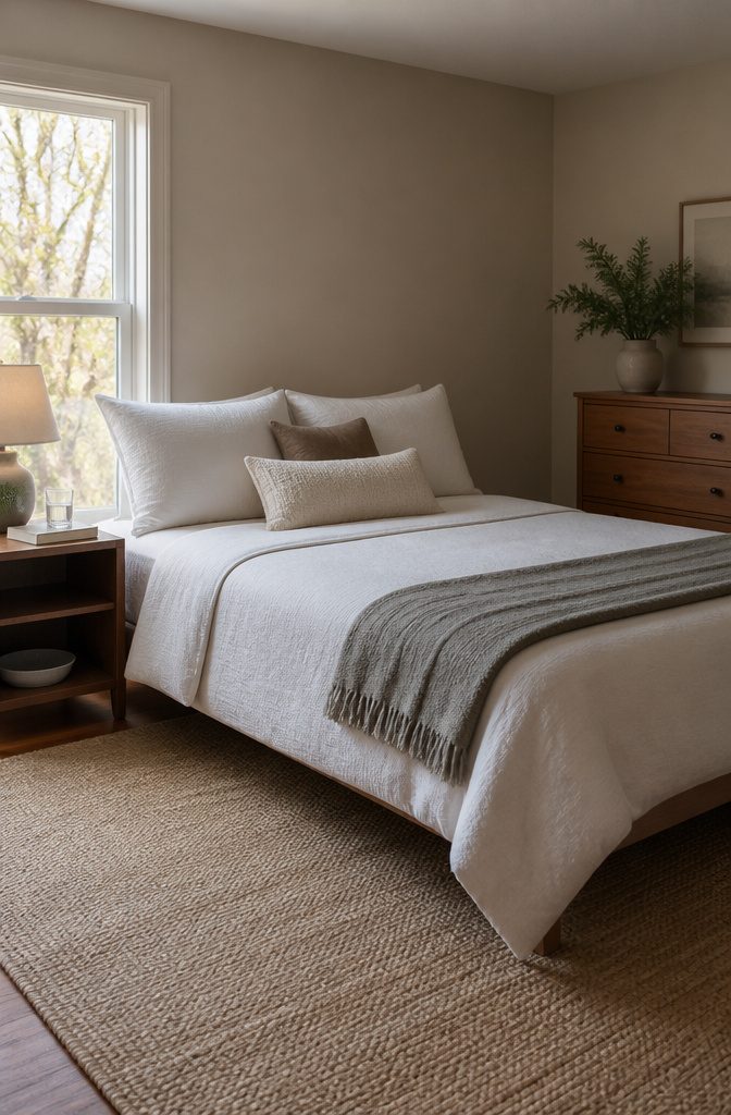 Made bed with smooth comforter, straight pillows, wood bedside table, and rug