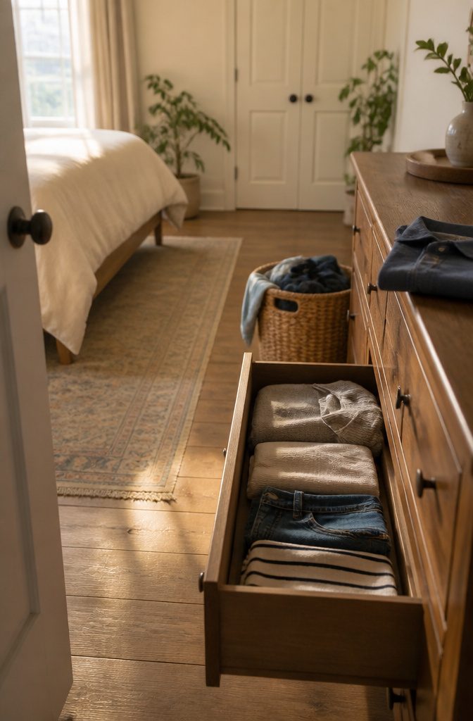 Bedroom clothes stored in a closet and dresser rather than left out