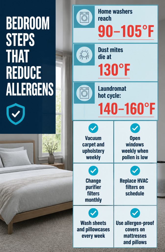 Bedroom allergen guide titled Bedroom Steps That Reduce Allergens