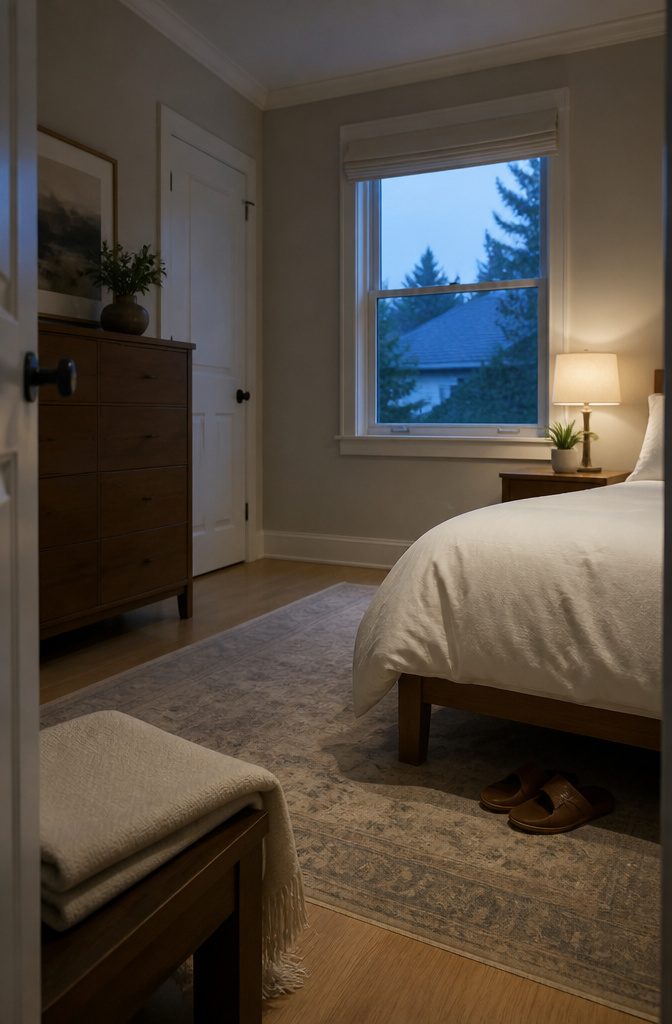 Bedroom with lamp and small plant on clear nightstand beside made bed