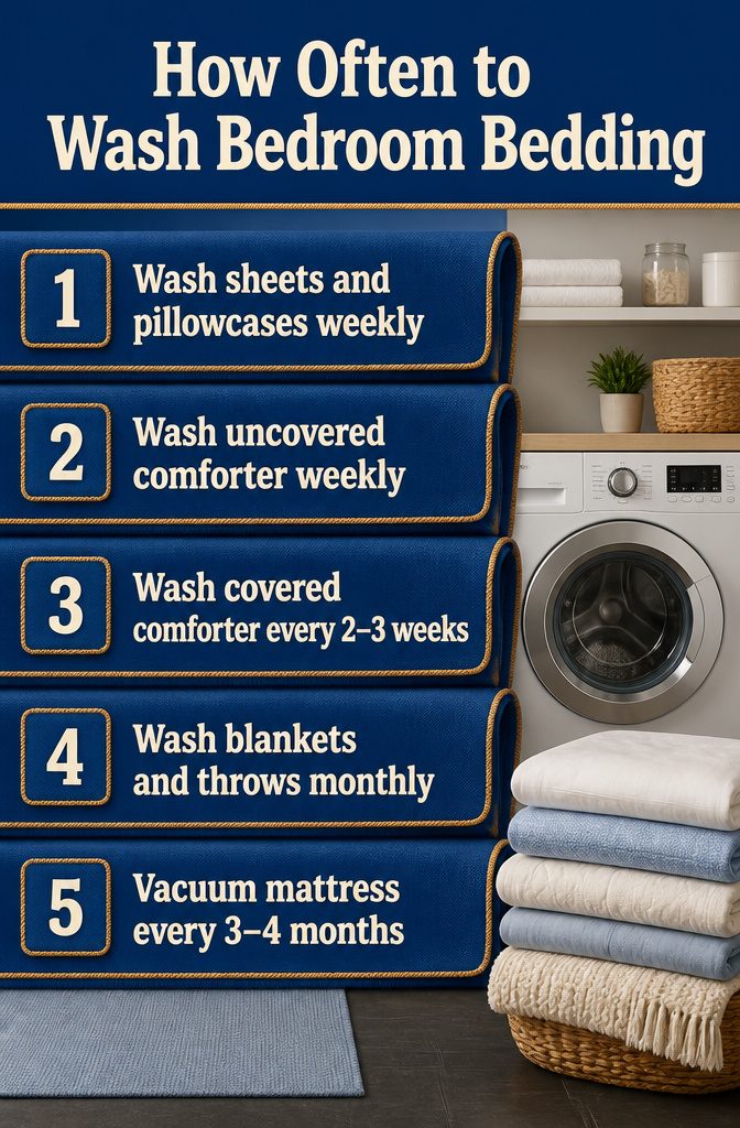 Bedding wash frequency guide titled How Often to Wash Bedroom Bedding