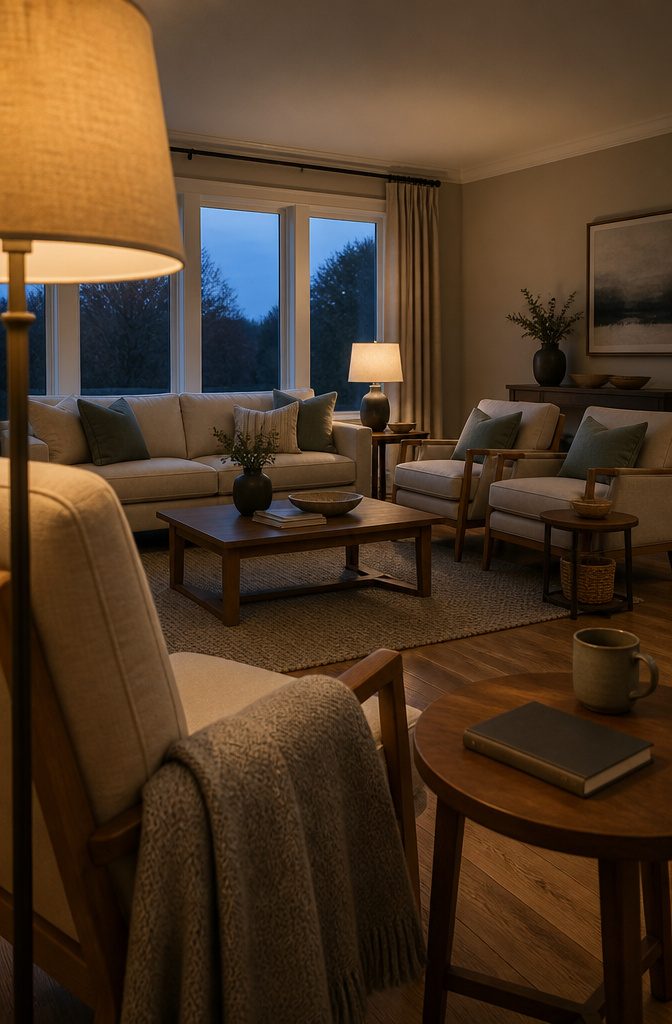Living room seating on an area rug with side tables and lamps