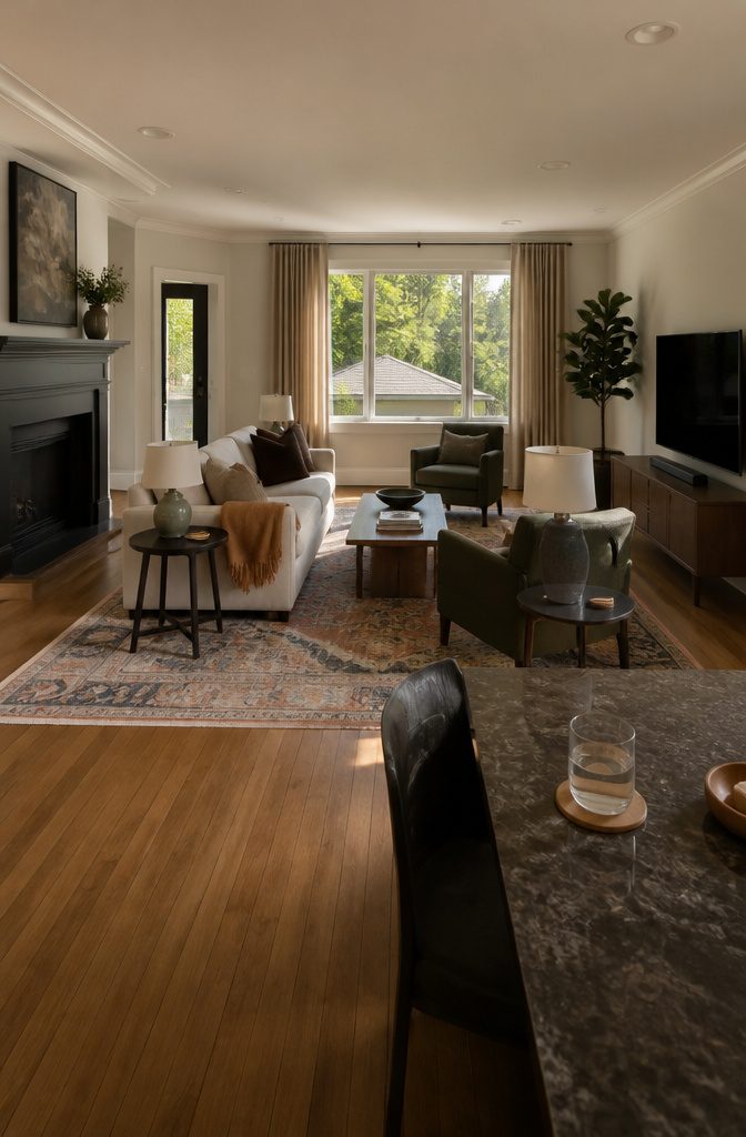 Living room arrangement with open walking paths around the sofa and coffee table