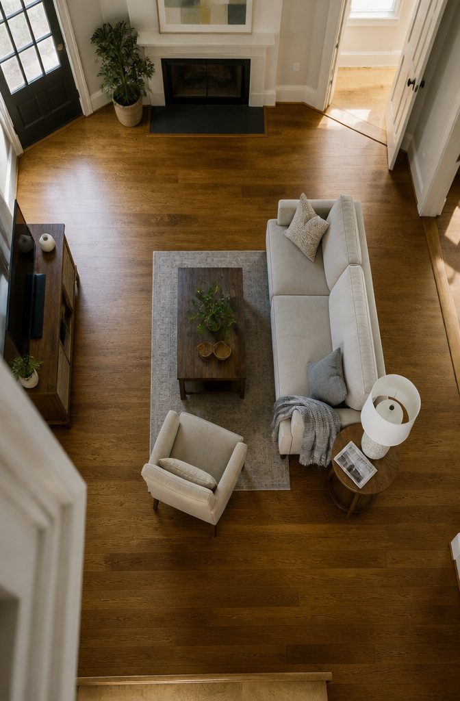Living room seating arranged around a focal point beside an open walkway