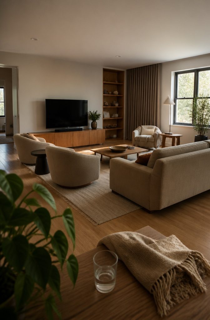 Living room with a sofa and chairs gathered around a central table