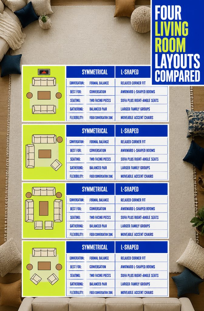 Four living room floor plans with face-to-face, L-shaped, U-shaped, and sofa layouts