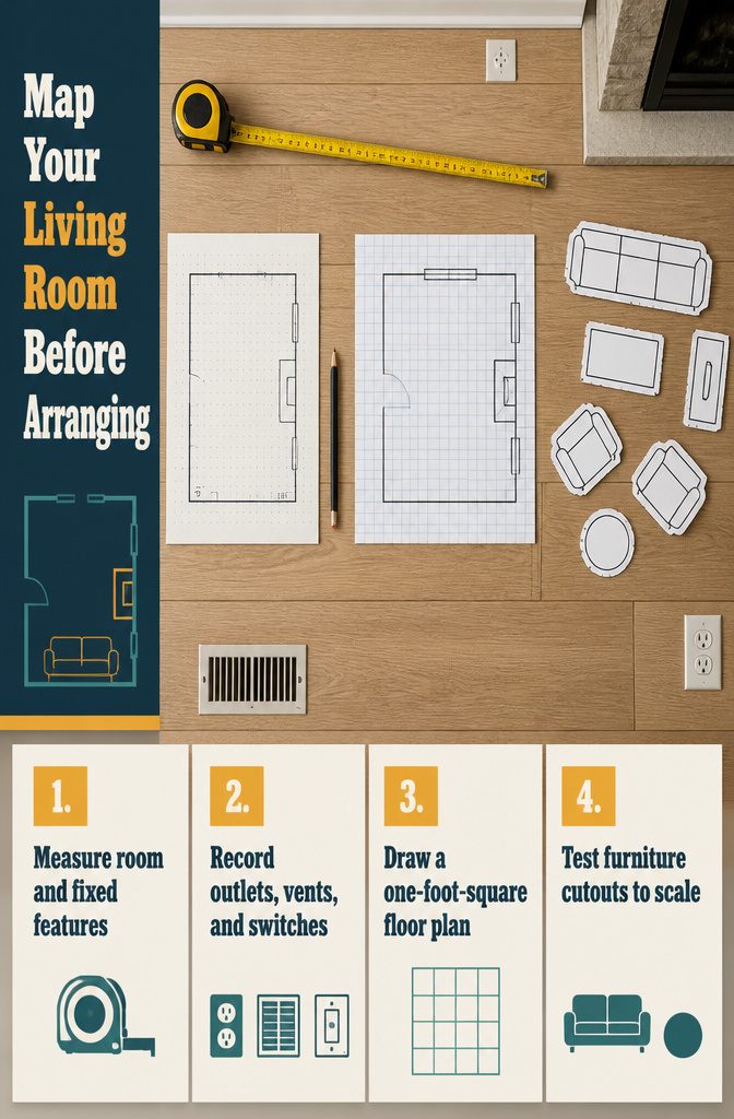 Living room floor plan marked with windows, doors, and furniture