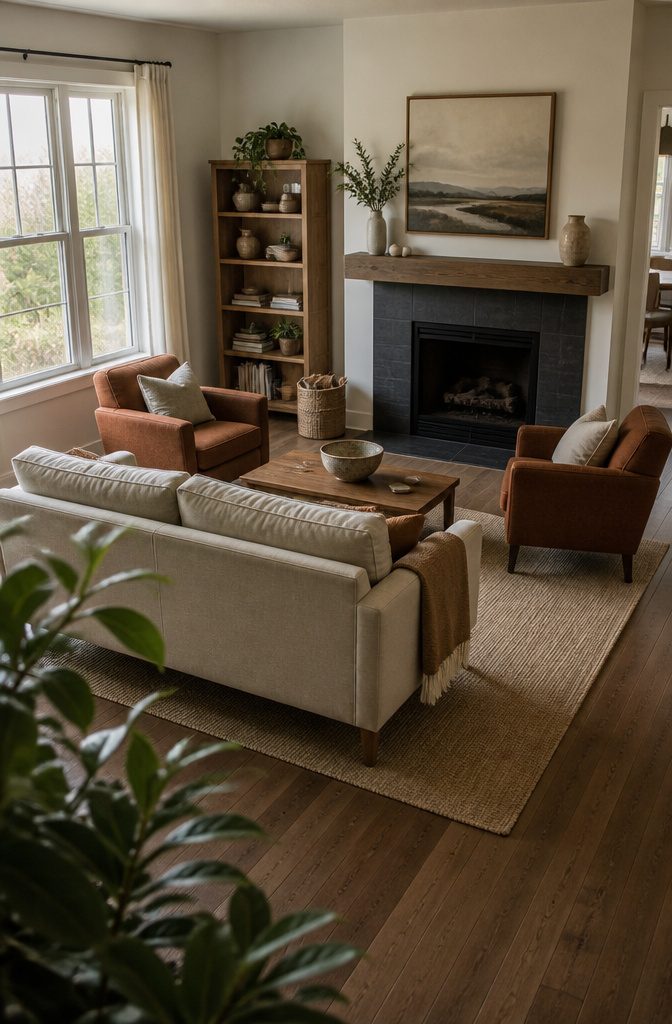 Sofa facing a fireplace with two inward-facing armchairs and a coffee table