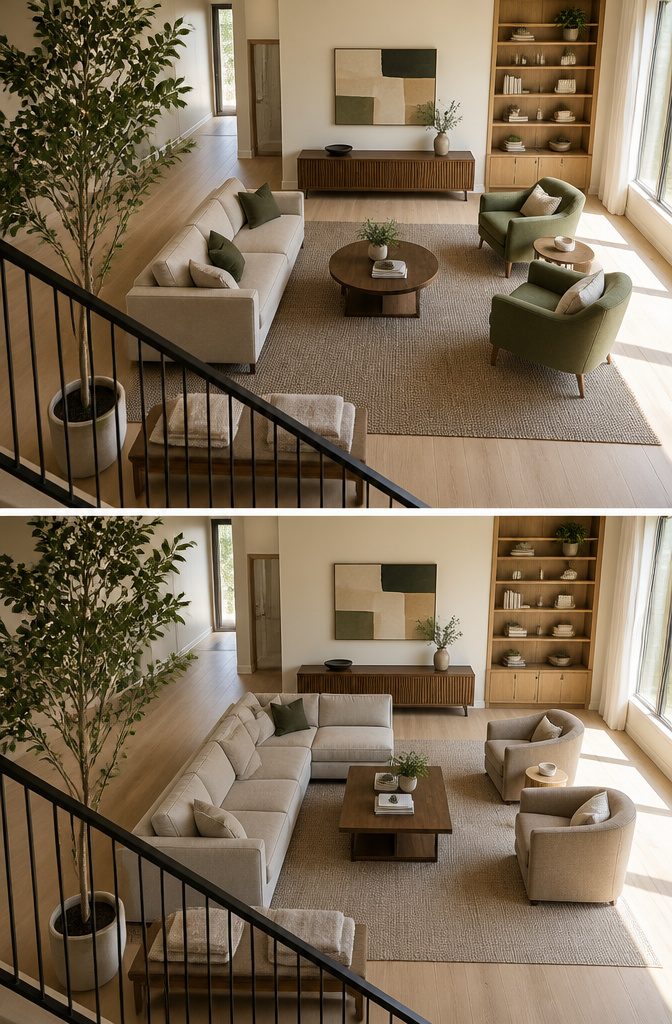 Living room with a rounded coffee table among larger upholstered furniture
